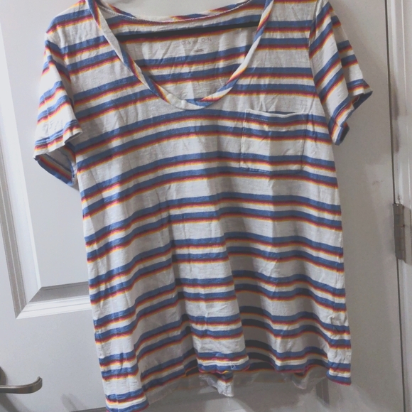 L Caslon Multicolor Striped White T-Shirt Soft Indie Casual Hipster Twee Pocket - Picture 1 of 5